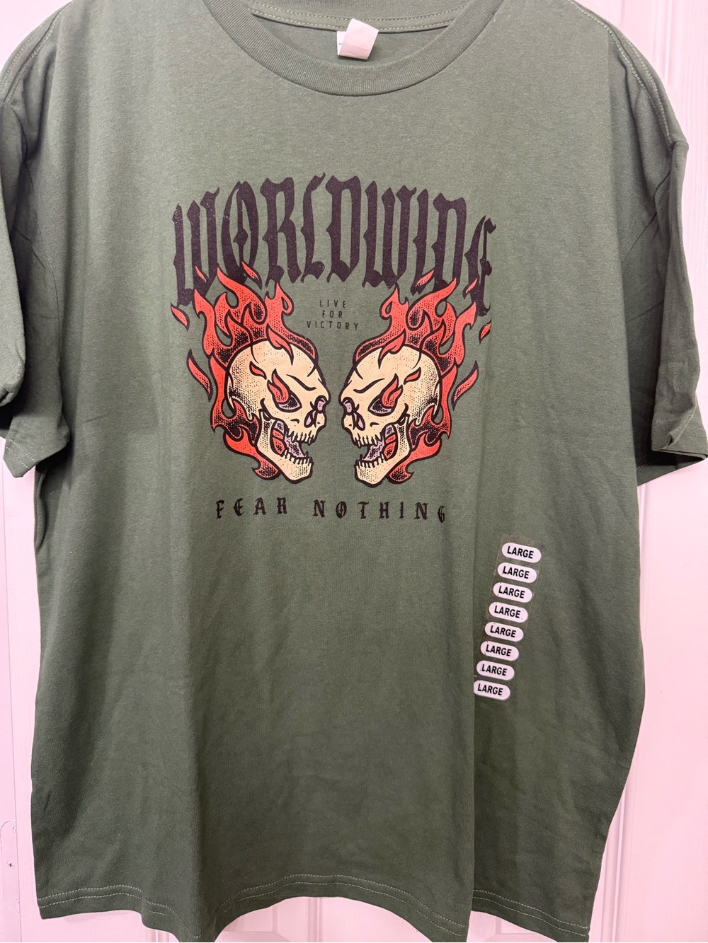 Men's Olive world Wide Tee - 'Fear Nothing' Sz L (sku0126)